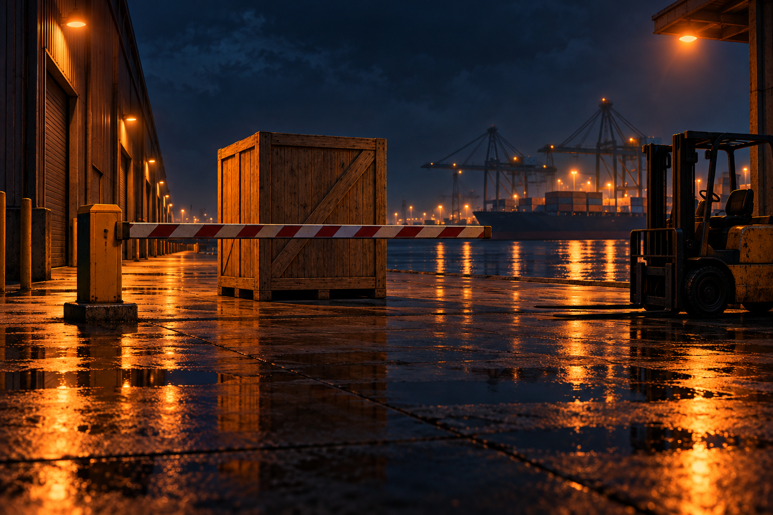 An unmarked shipping crate sits on an empty loading dock at night, held back by a lowered barrier arm.