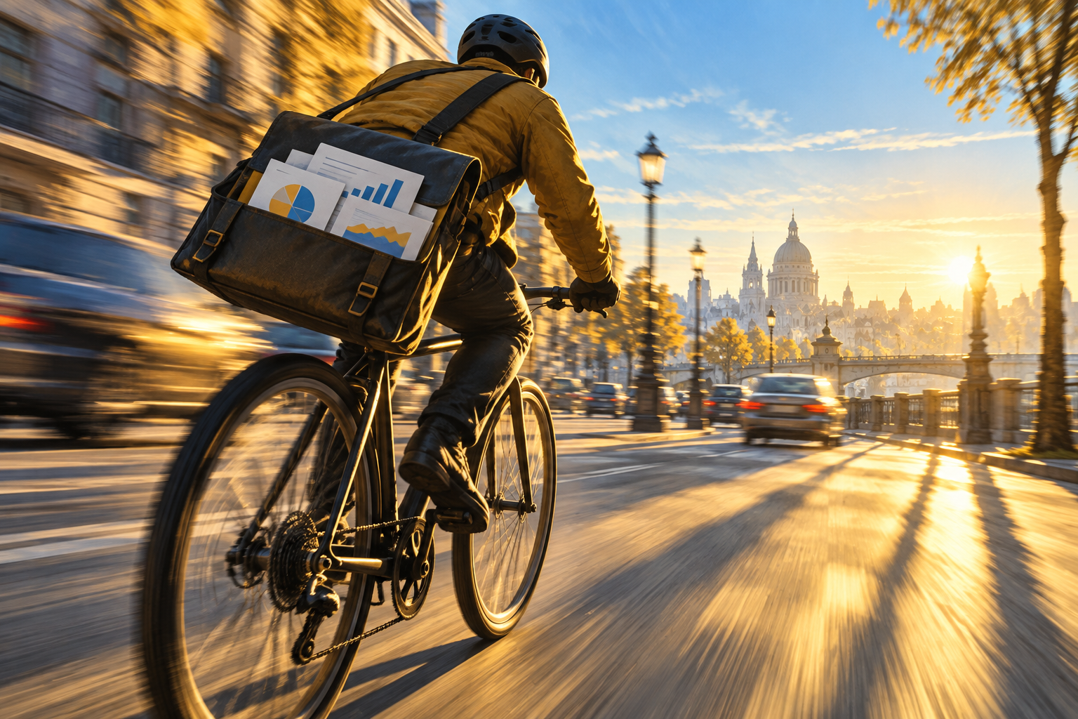 A courier seen from behind cycles quickly down a sunny street carrying a satchel of documents.