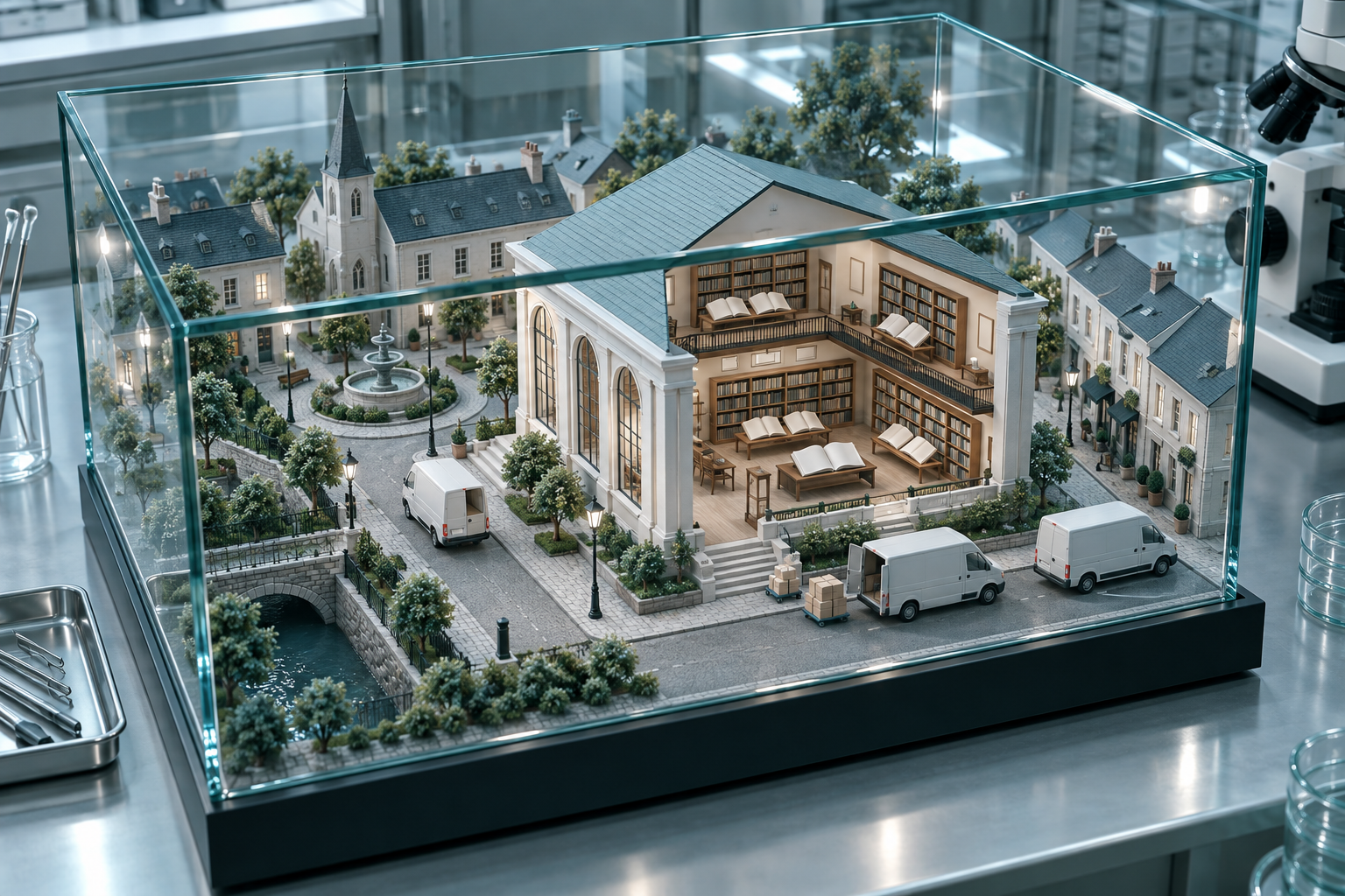 A miniature town inside a glass terrarium, where toy delivery vans leave parcels at a tiny library.