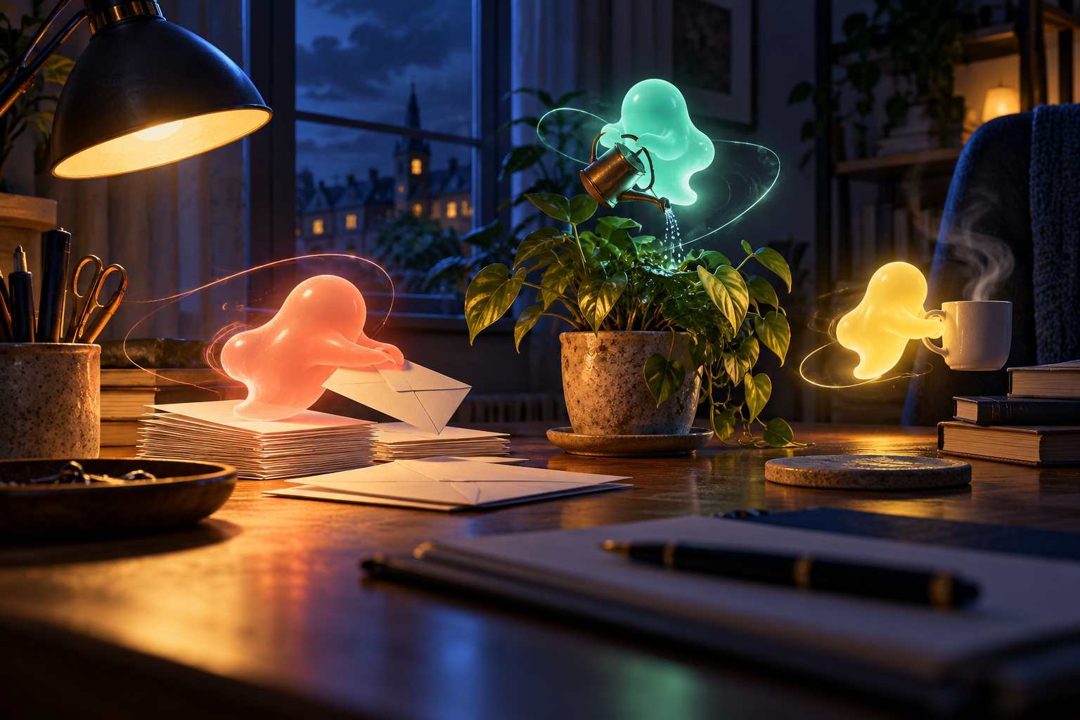 Small, colorful translucent blobs float around a dark home office handling envelopes, a plant and a coffee mug.