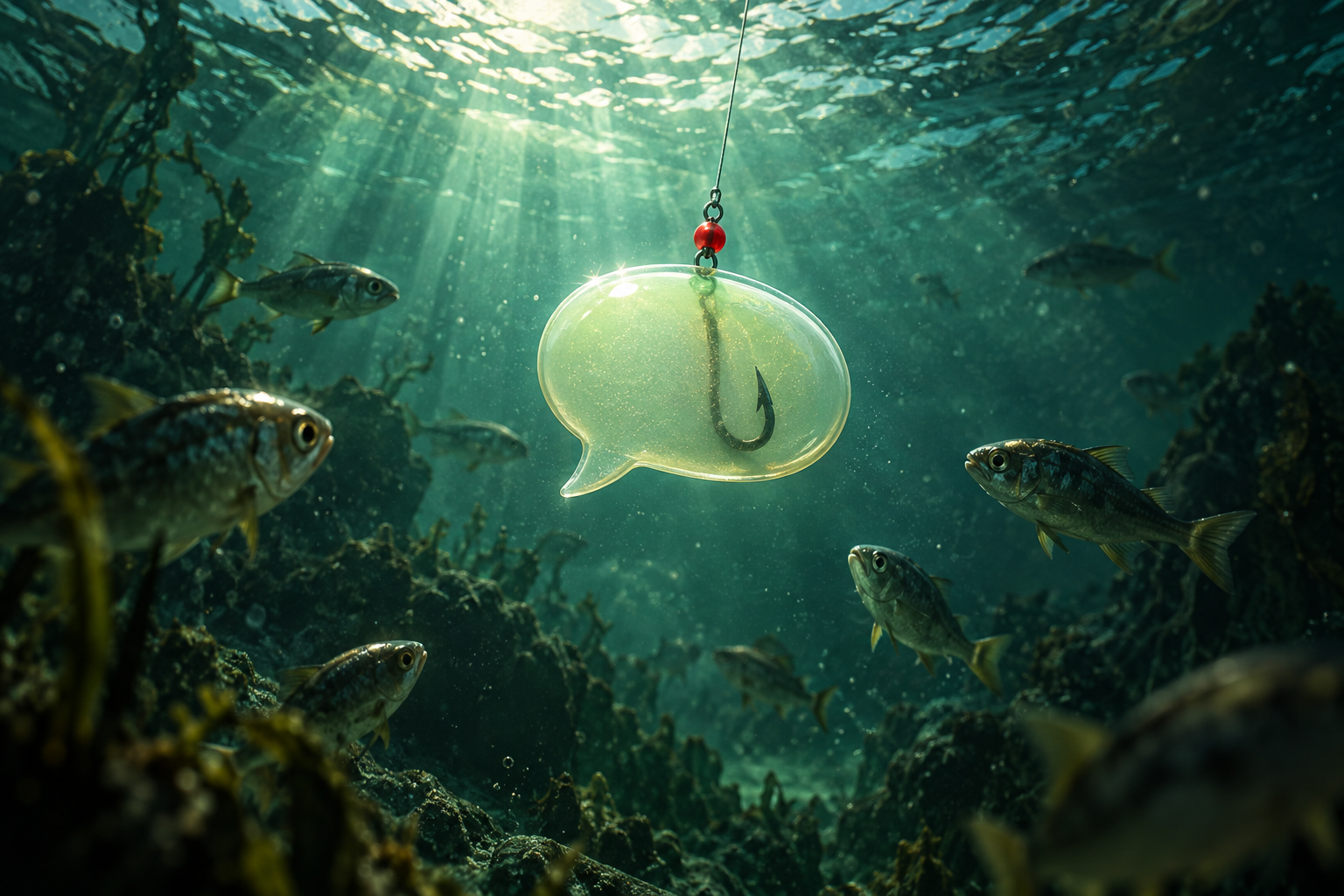 An underwater view of a fishing lure shaped like a speech bubble, with a hook hidden beneath it and small fish circling.