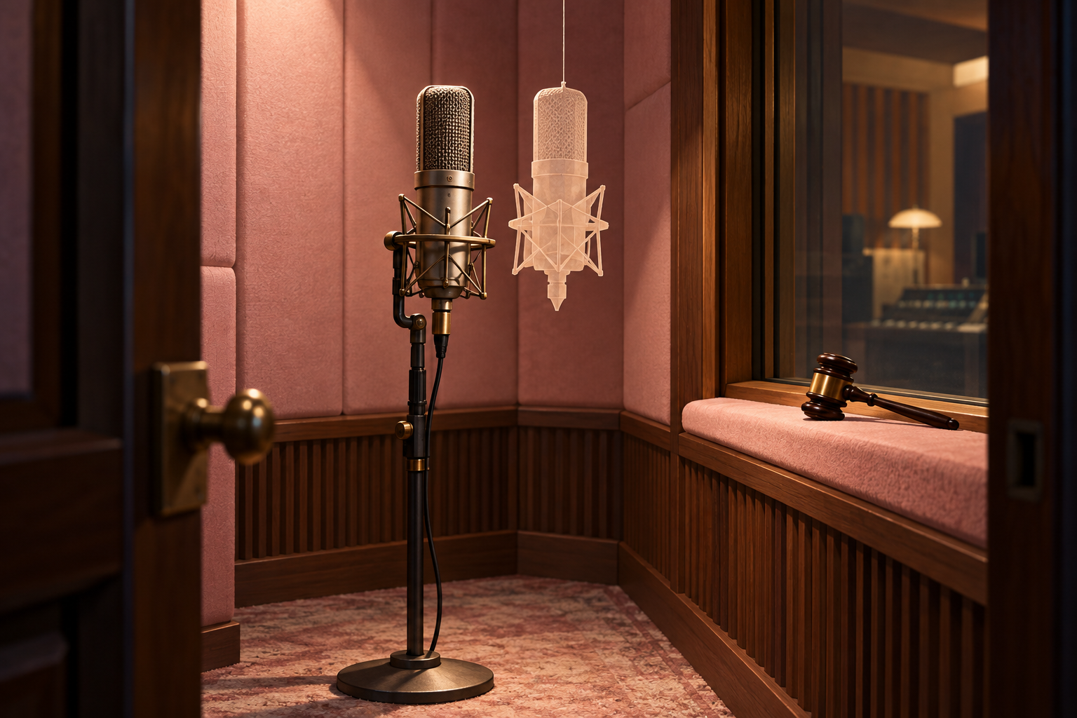 A studio microphone in an empty recording booth beside a translucent paper copy of itself, with a gavel on the windowsill.
