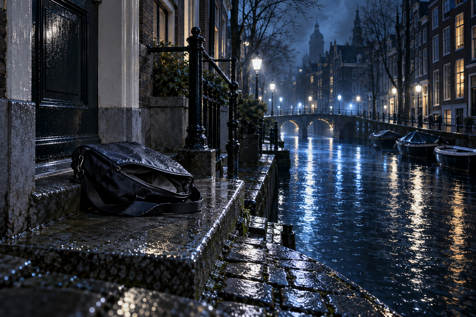 An empty laptop bag on a wet cobblestone step beside a canal at night, with blue reflections on the water.