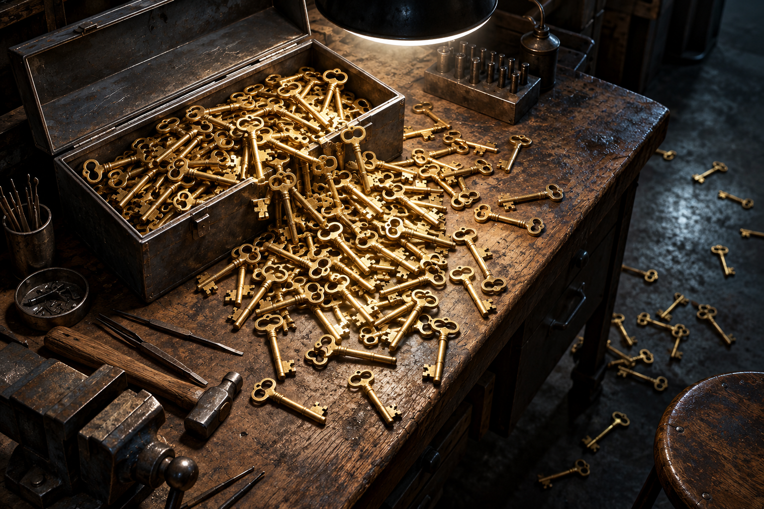 Brass skeleton keys spill from an open toolbox across a workbench under a bright lamp.