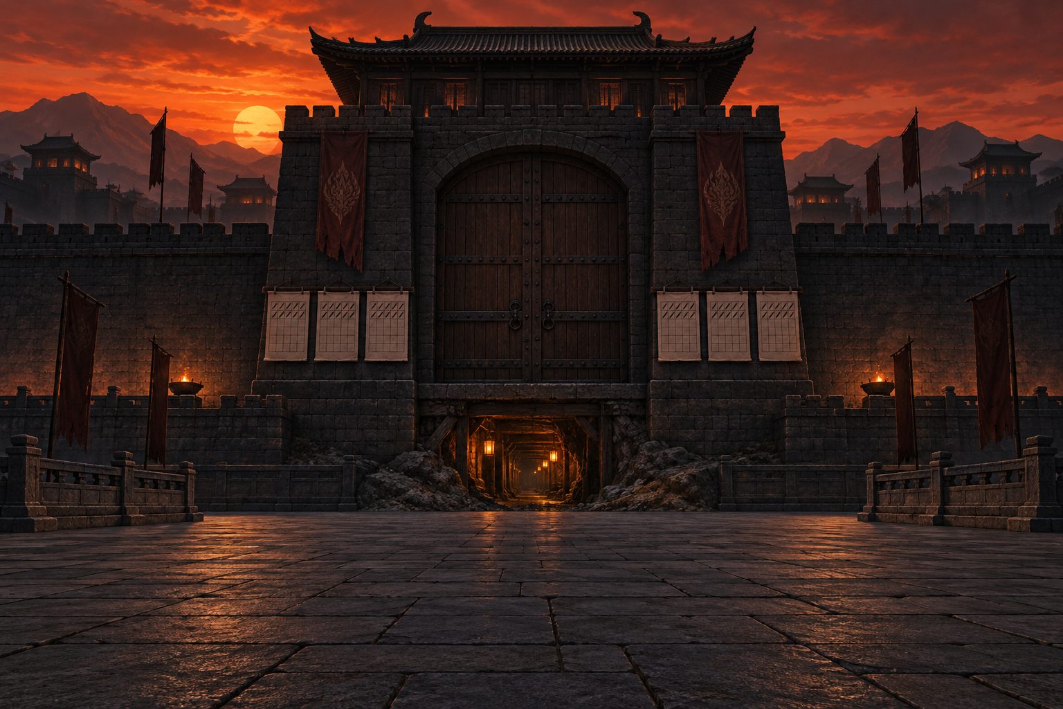A stone gatehouse at dusk with its gate closed and a lantern-lit tunnel dug beneath it.
