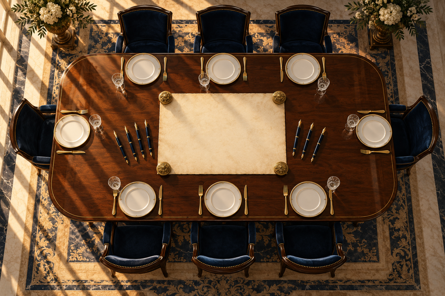An overhead view of a banquet table with a parchment scroll held down by four brass weights and seven pens beside it.