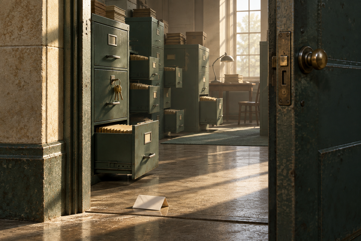 A records room seen through a half-open steel door, with filing drawers pulled open and a ring of keys hanging from a lock.