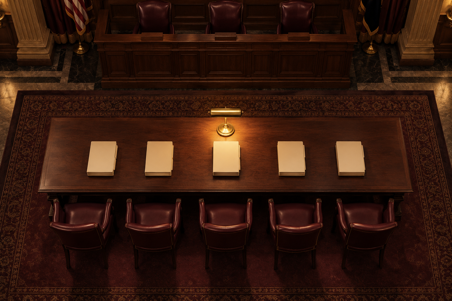 Seen from above, a hearing table holds stacks of sealed folders under a brass lamp, with empty chairs facing a raised bench.