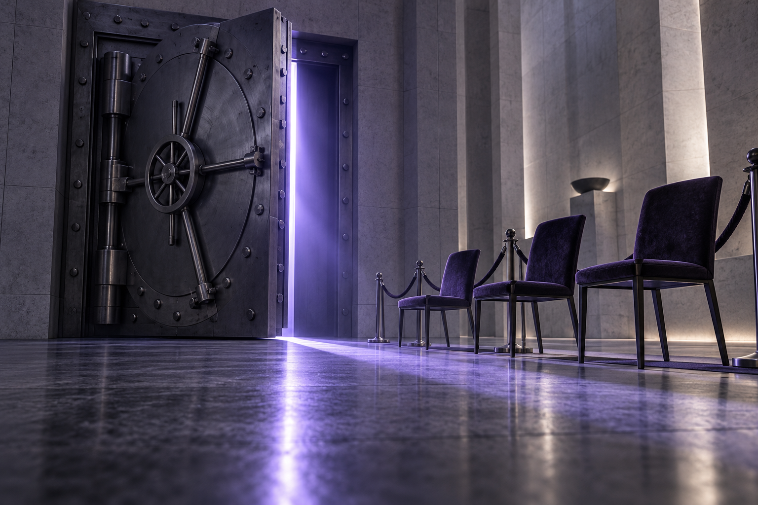A half-open steel vault door lets violet light fall across a few empty chairs in a gray concrete hall.