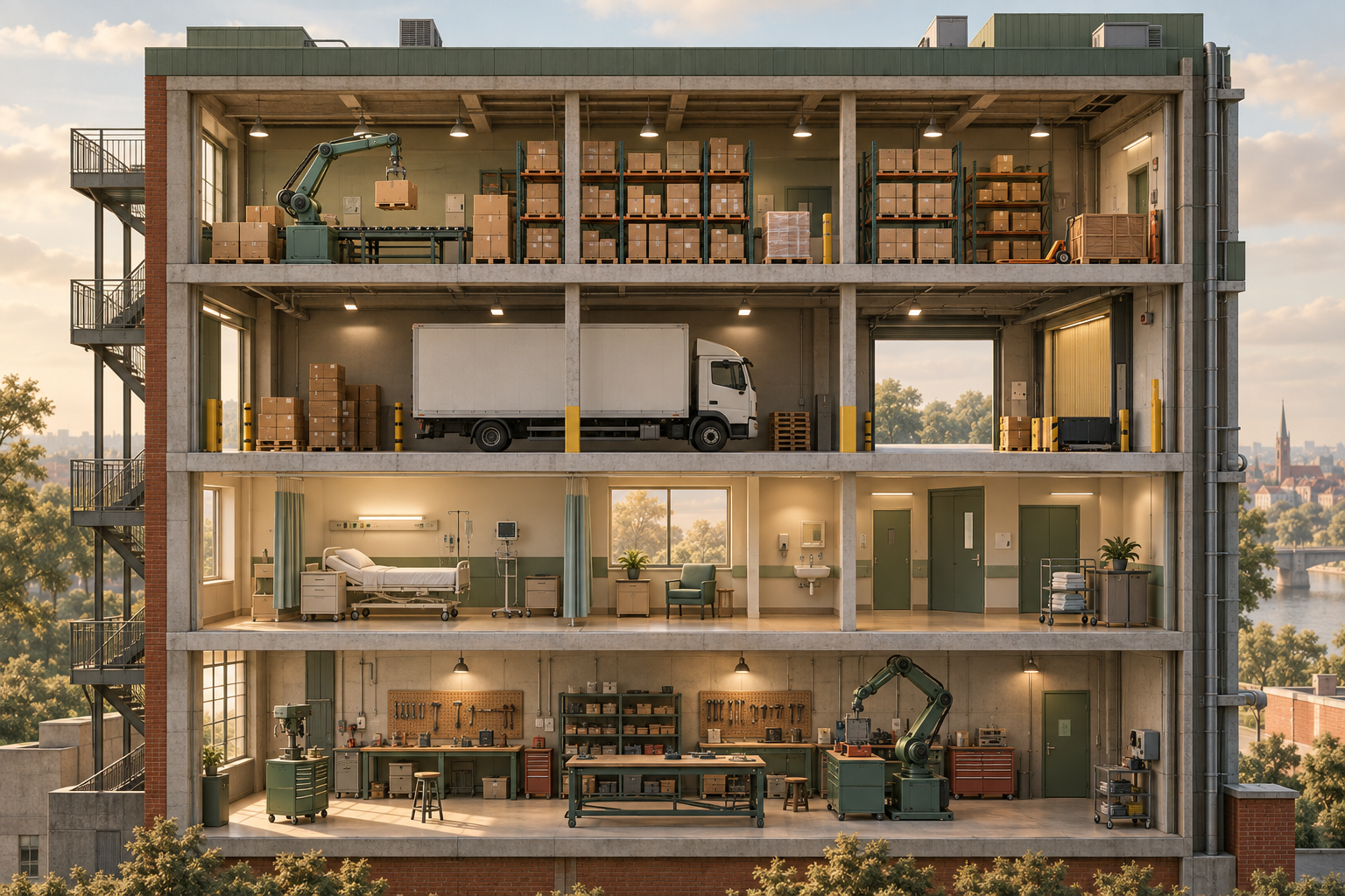 A cutaway building shows warehouse and delivery floors with mechanical arms, while the hospital and workshop floors are empty and warmly lit.