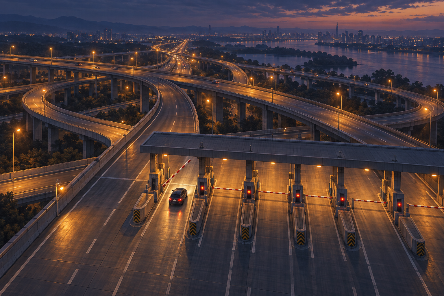 An aerial dusk view of a highway interchange where a single car passes a bent toll barrier while the other lanes stay closed.