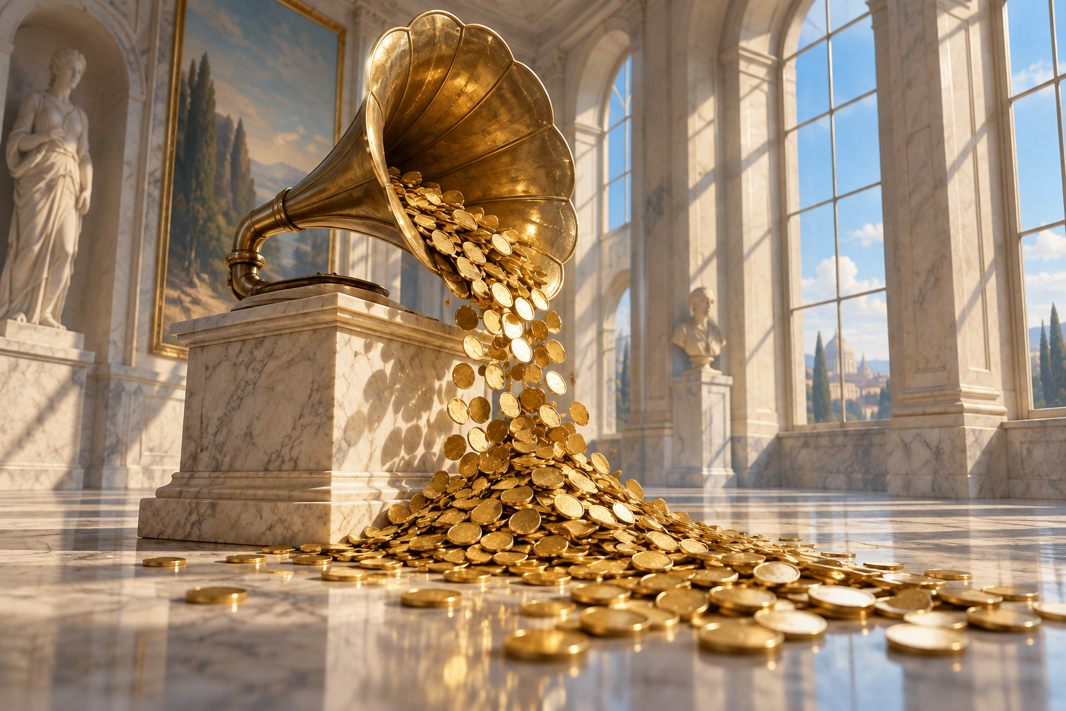 A brass gramophone horn on a marble pedestal pours gold coins onto a sunlit gallery floor.