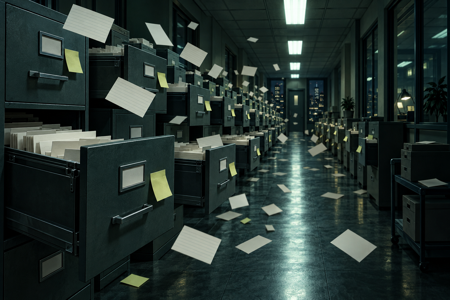 A dim office corridor where filing-cabinet drawers have been flung open one after another, with index cards drifting through the air.