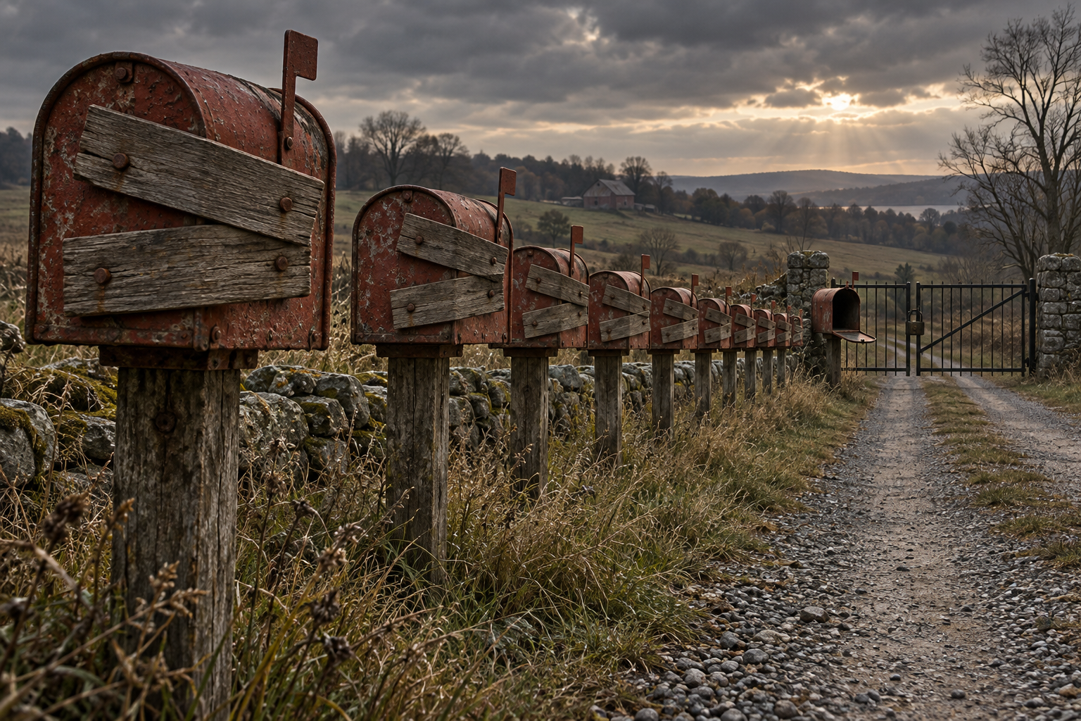 Rural mailboxes along a gravel road are boarded shut one after another, ending at a locked iron gate.