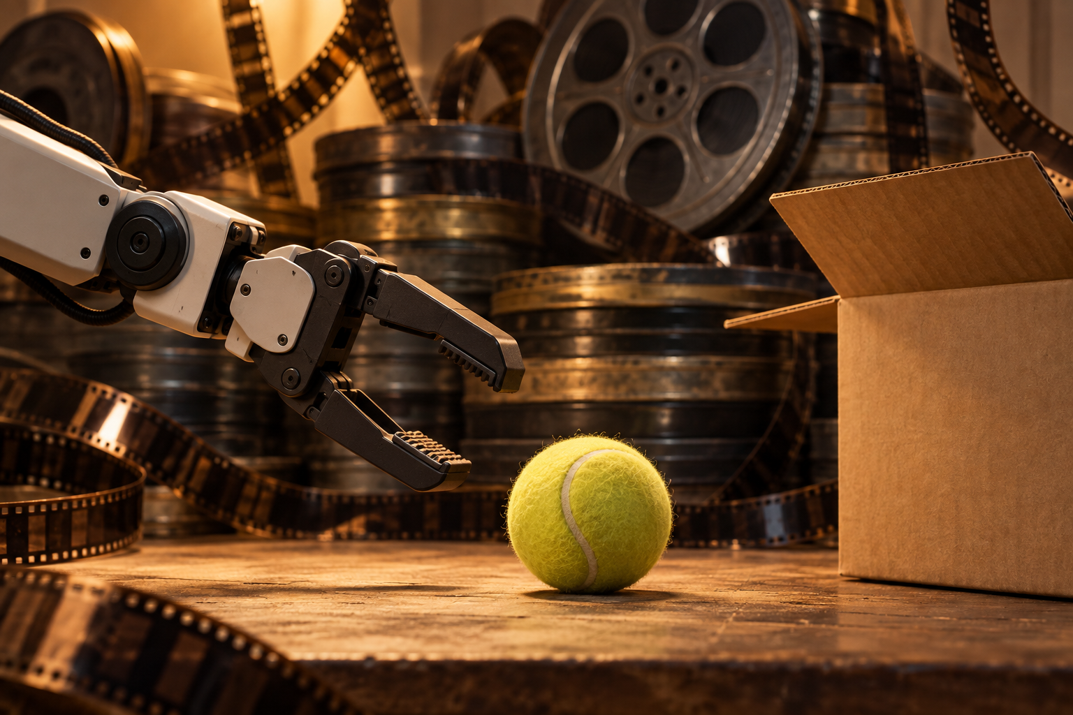 A robotic gripper reaches for a tennis ball next to a cardboard box, in front of a wall of stacked film reels.