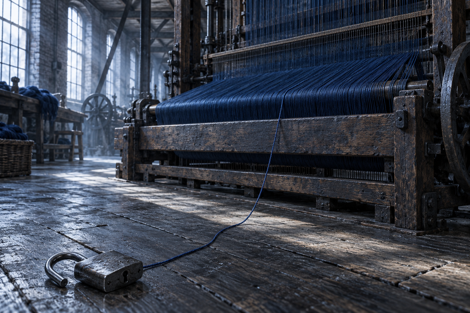 A weaving loom in a mill with one loose thread trailing across the floor to an open padlock.