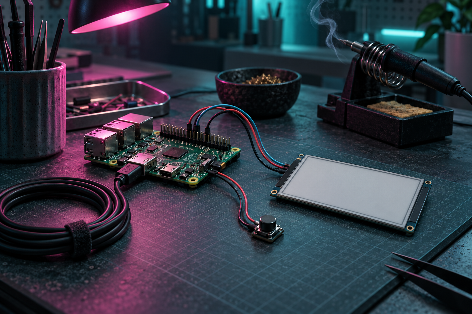 A close-up of a hobbyist workbench with a small circuit board wired to a blank e-ink panel and a button beside a soldering iron.