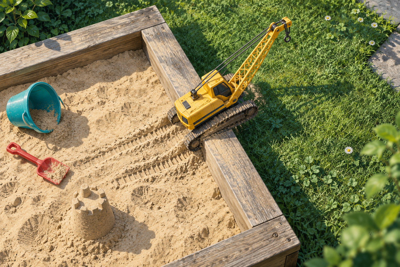 An overhead view of a backyard sandbox with a toy crane lifting itself over the wooden border onto the grass.