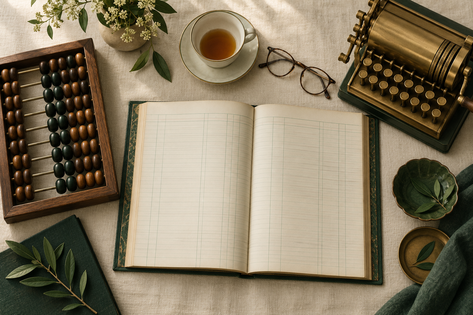 An overhead view of an open blank ledger between an abacus and a brass calculating machine on a cream tablecloth.