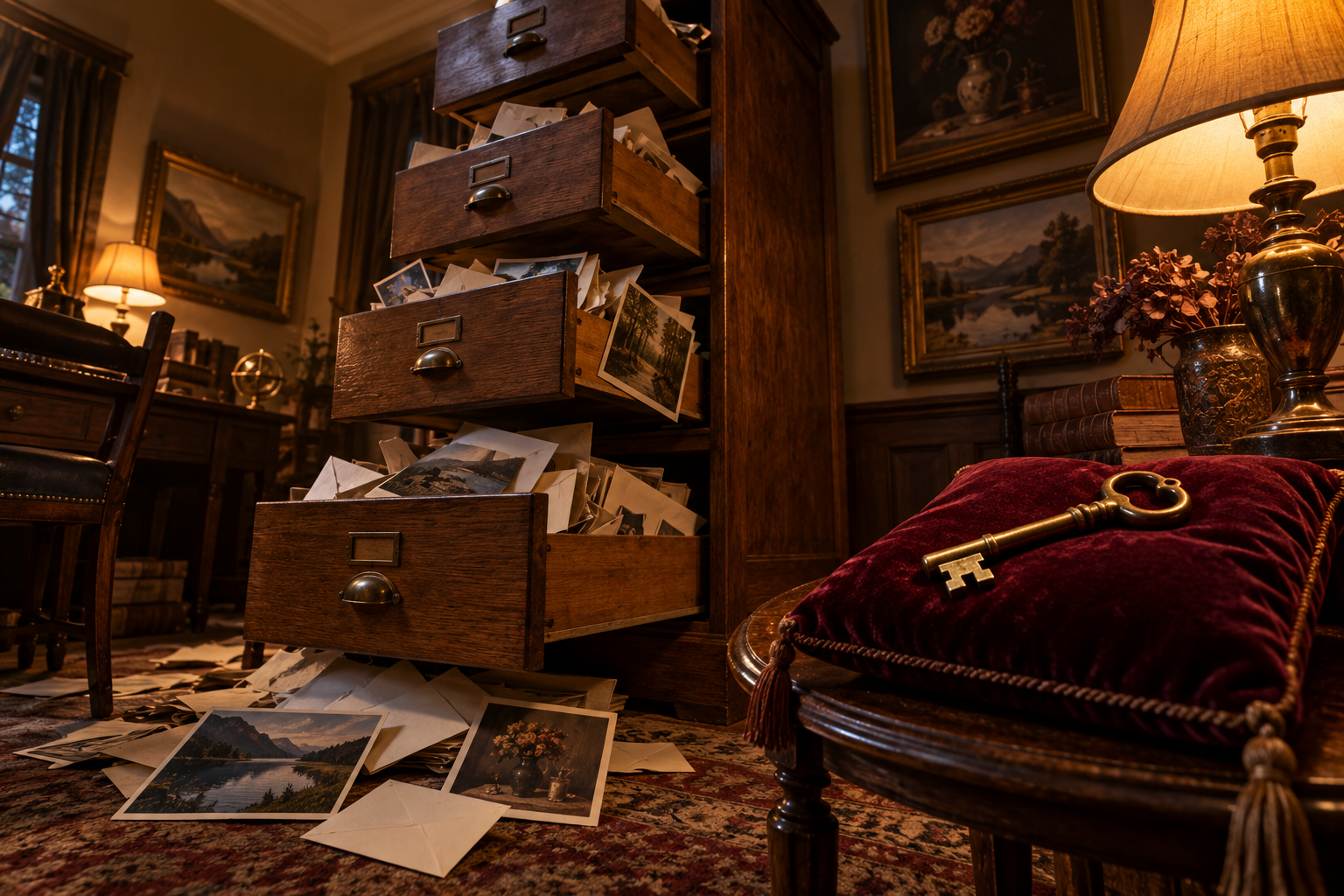 A low-angle view of an antique filing cabinet with every drawer open and papers spilling out, with a brass key on a cushion in the foreground.