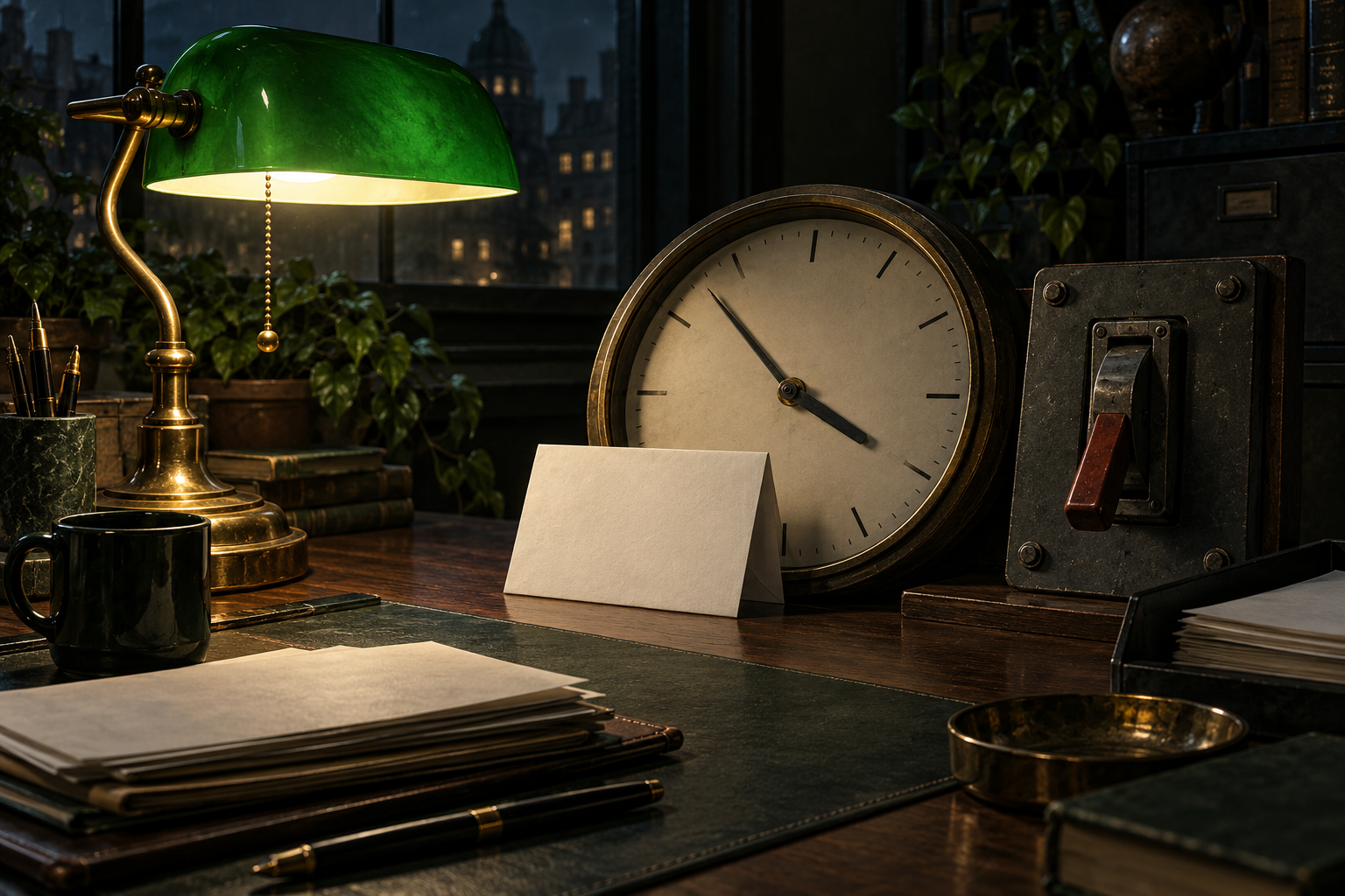 A desk at night under a green lamp, with a folded blank note, an old clock and an industrial power switch.