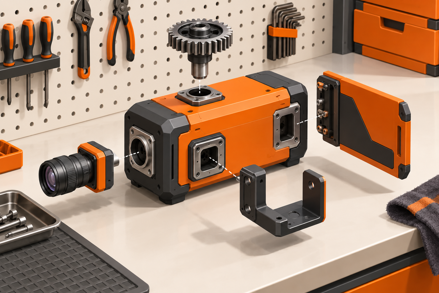 An isometric workbench where interchangeable attachments click into sockets on a central modular tool.