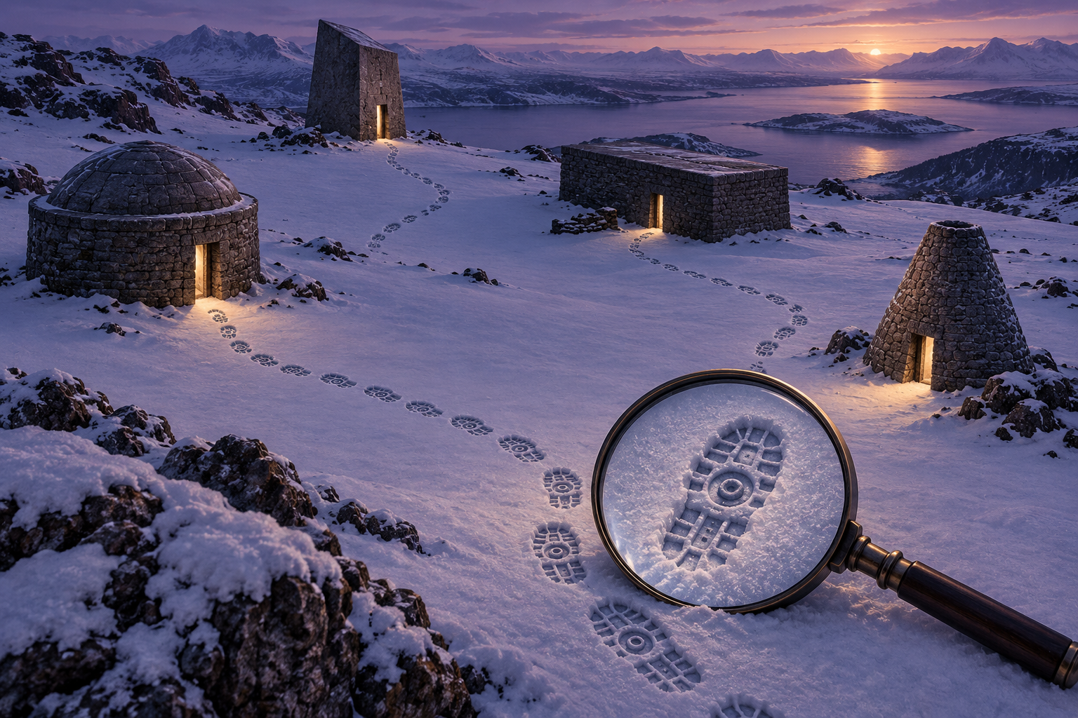 An aerial dusk view of mechanical footprints in snow looping between stone buildings, with a magnifying glass over one print.