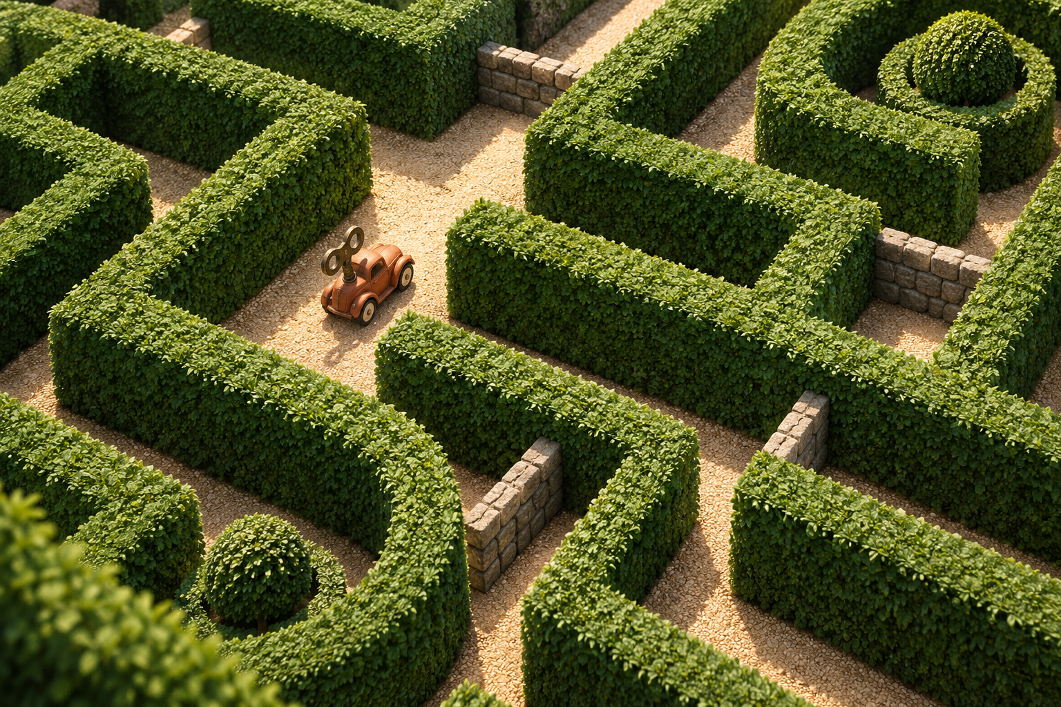 A toy car steering through a hedge maze where stone barriers block some of the paths.