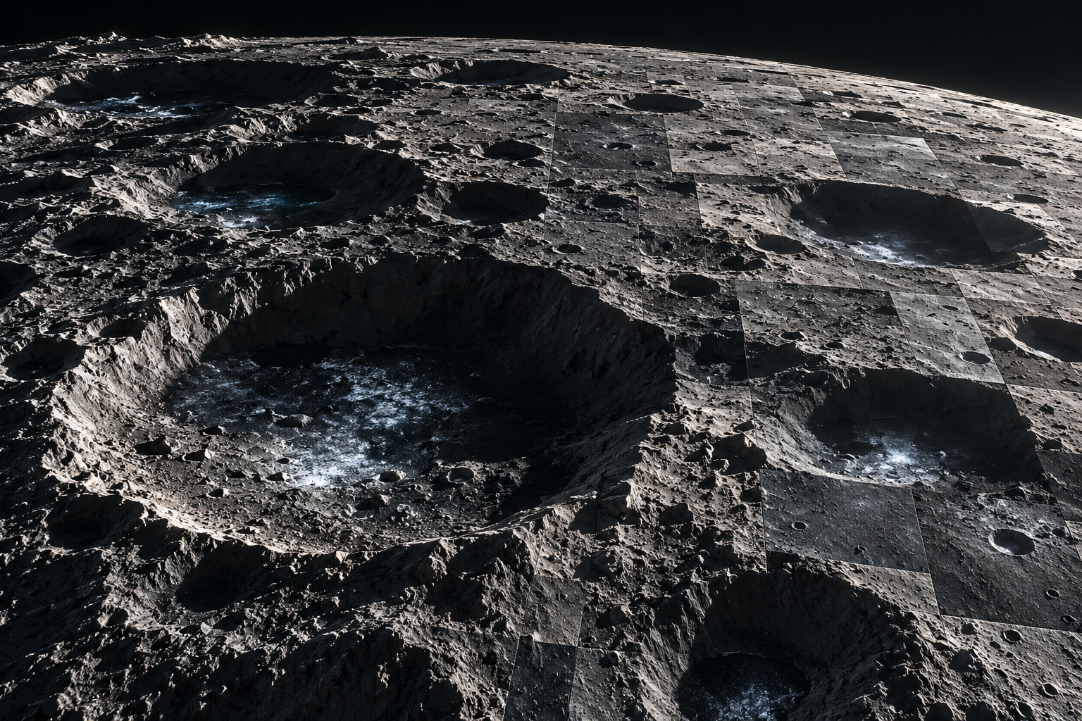 The Moon's cratered polar surface with frost in shadowed craters and a patchwork of square map tiles over it.