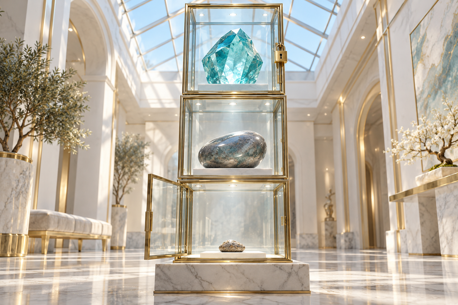 Three stacked display cases holding progressively larger gems, with only the bottom case left open.