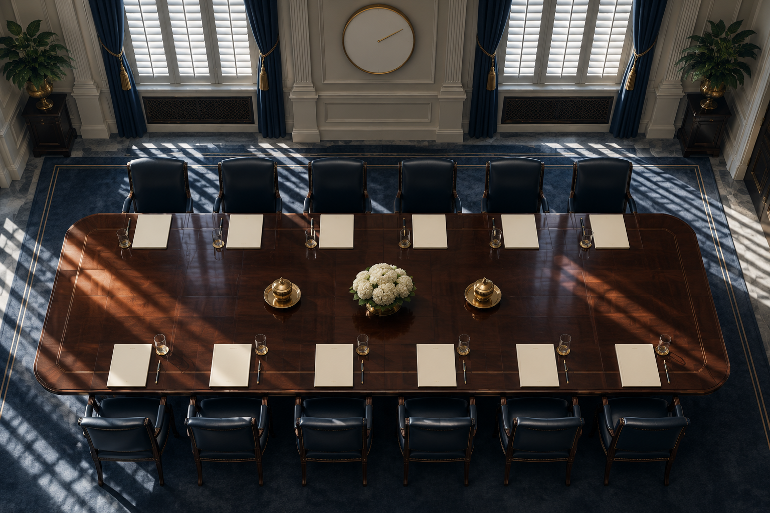 An overhead view of a long, empty government conference table with blank folders at each seat, lit by striped morning light.