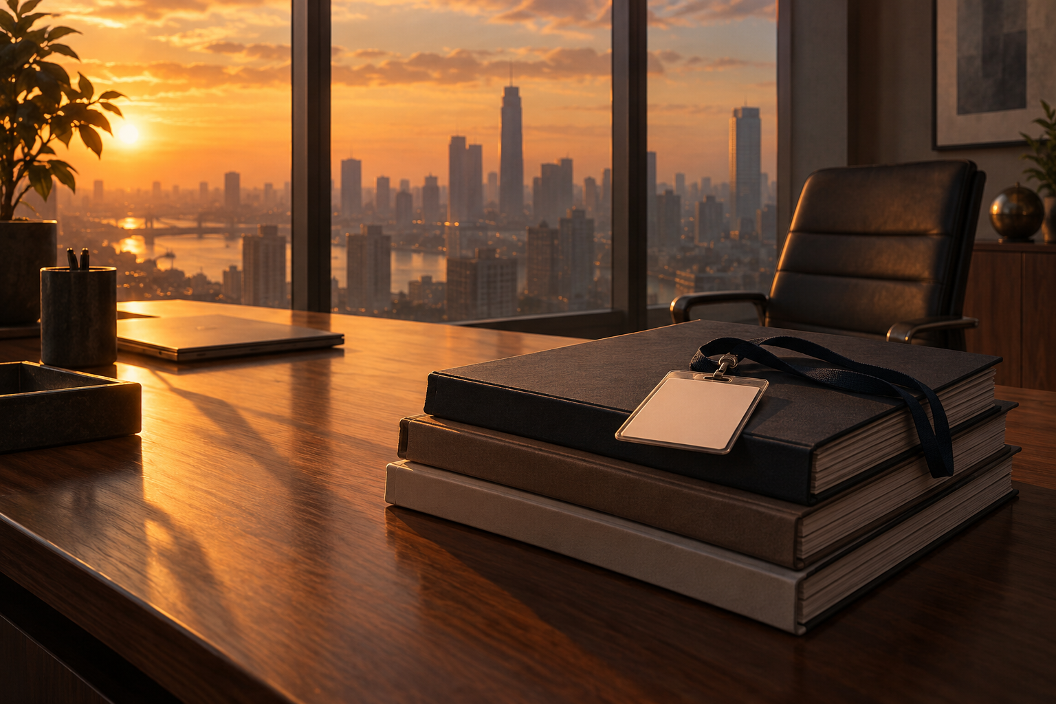 An empty desk at sunset with a stack of reports, a blank badge left on top and a pushed-back chair.