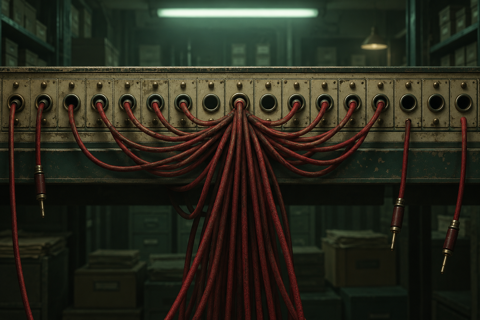 An old switchboard where most cables are plugged into one socket and a few hang unplugged.