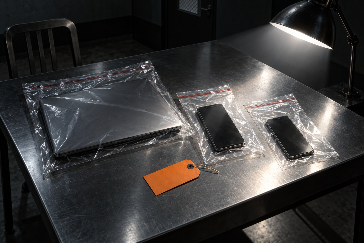 Bagged laptop and phones on a steel evidence table under a harsh lamp.