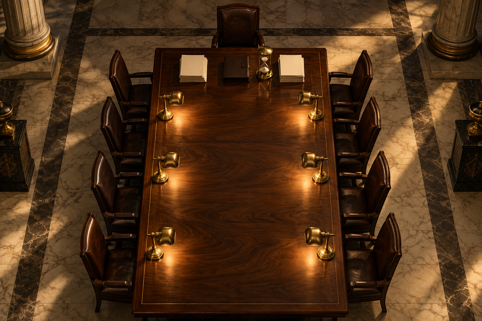 An overhead view of an empty government conference table with folders and an hourglass, lit by warm amber desk lamps.