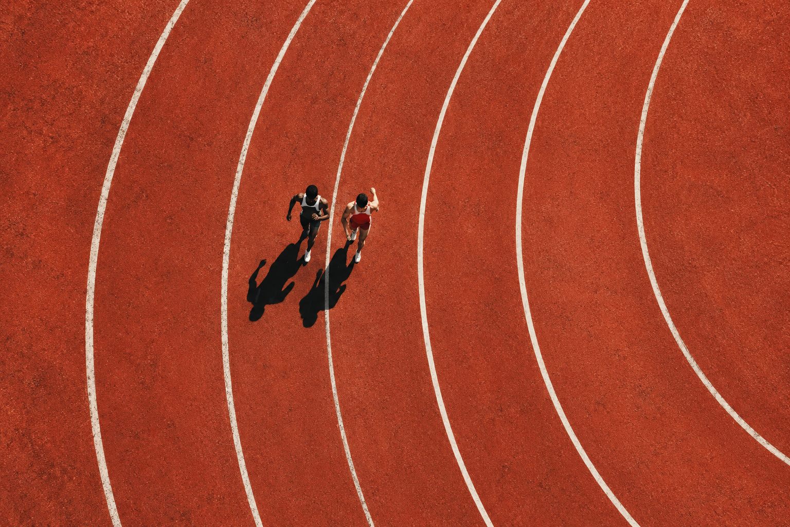 An aerial view of two tiny runners almost level on a red running track, separated by a thin chalk line.
