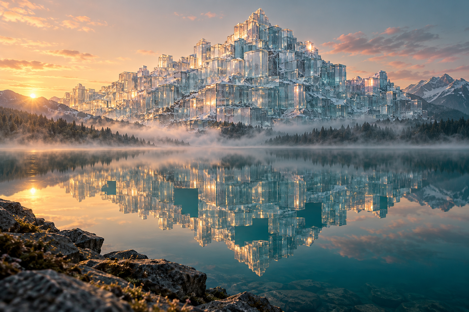 A mountain of stacked glass blocks reflected, not quite completely, in a still alpine lake at dawn.