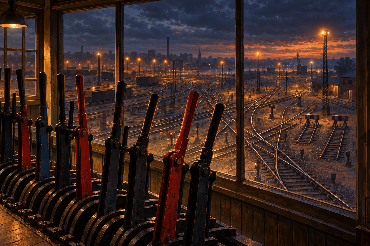 A row of iron switch levers in a signal box overlooking a dusky rail yard where the tracks split into many paths.