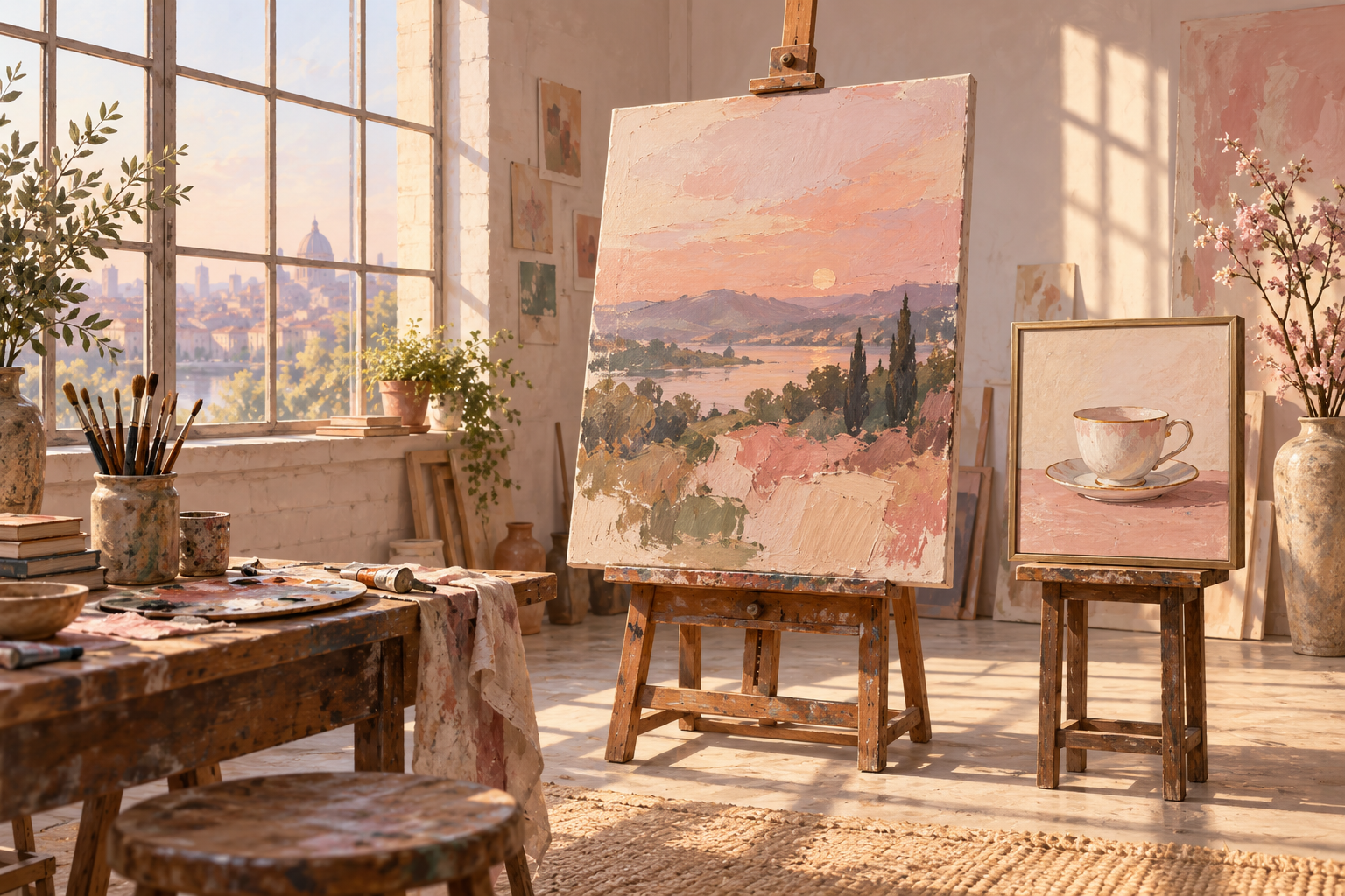 An easel with a half-finished landscape painting beside a small separate framed panel showing a teacup, in a bright pastel studio.