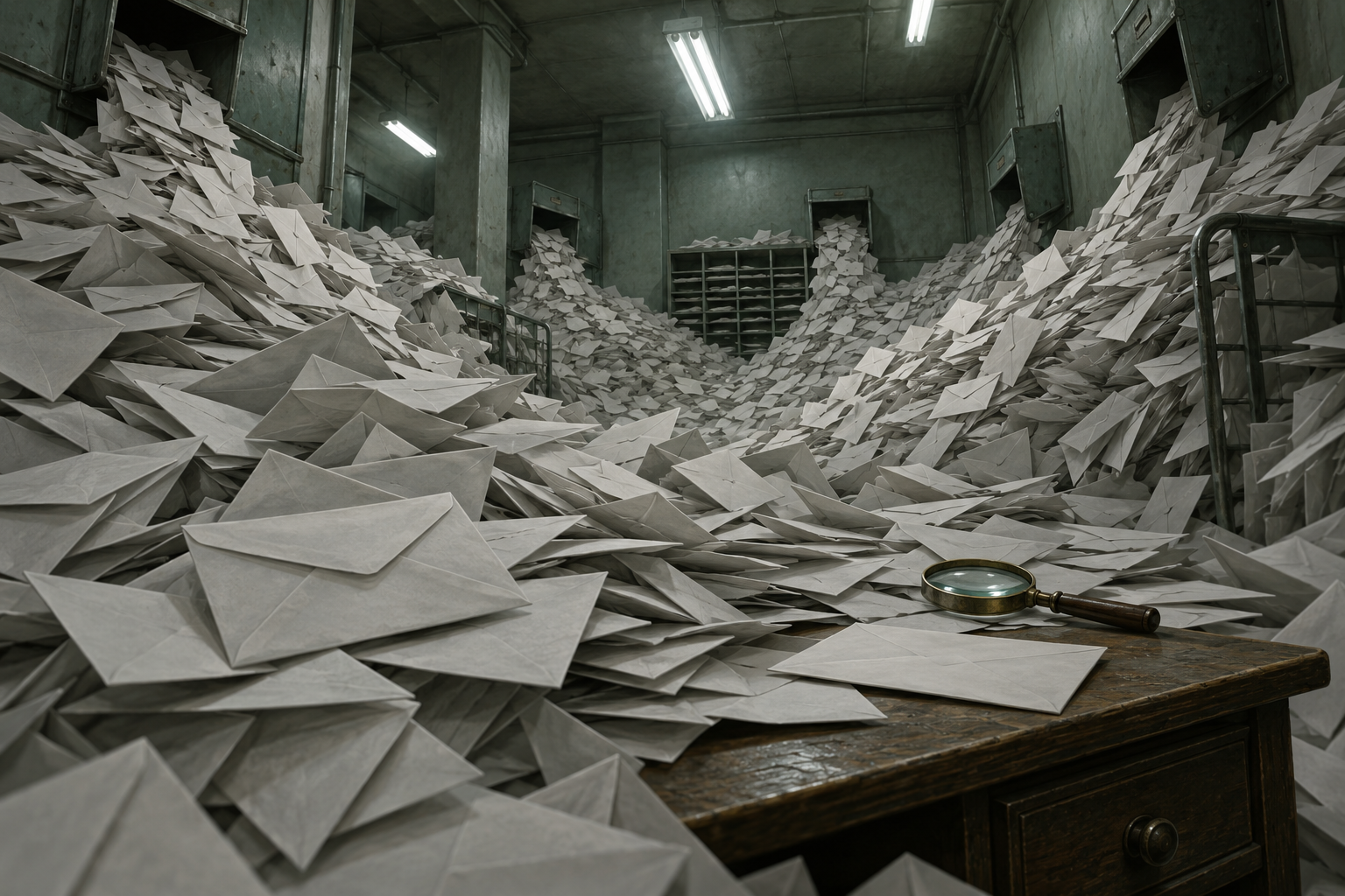 A small reviewing desk buried under a flood of identical blank envelopes in a mail room lit by fluorescent tubes.