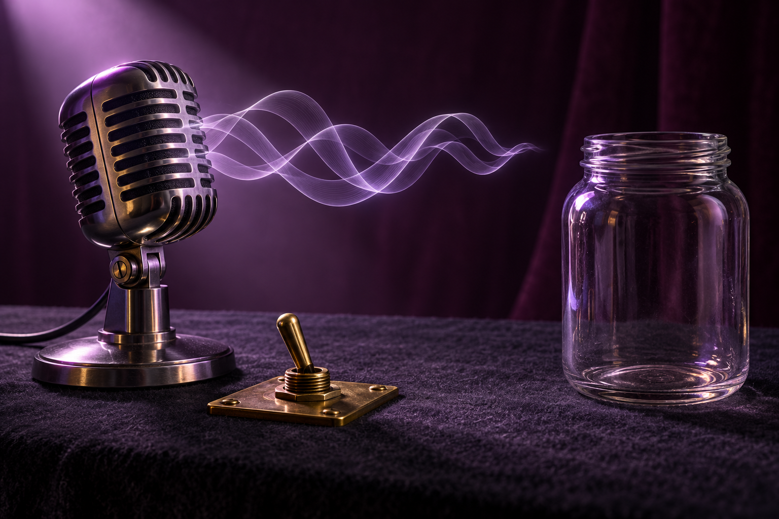 A vintage microphone beside a brass toggle switch, with ribbon-like sound waves curling toward an open glass jar under violet light.