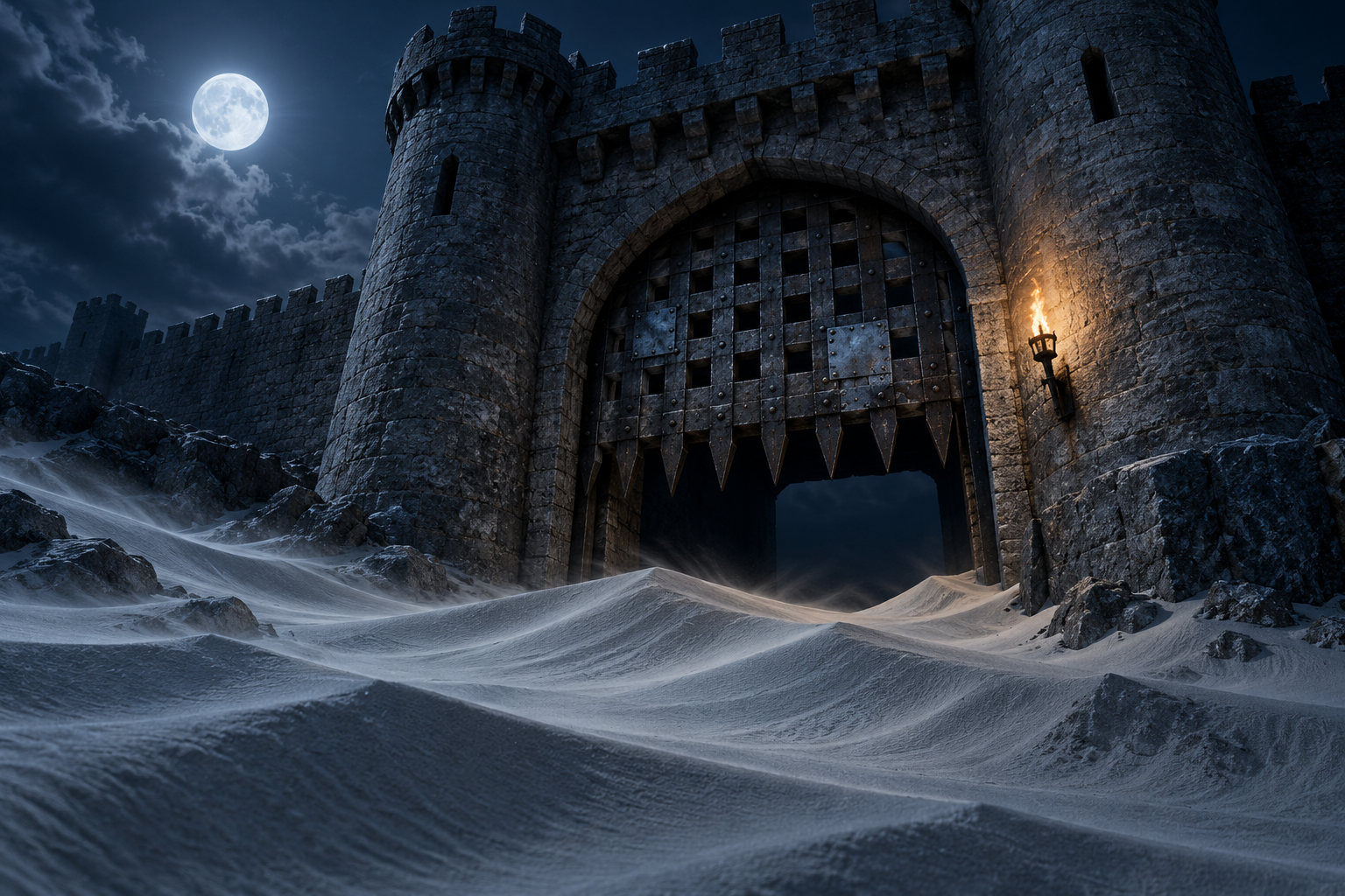 A stone gatehouse at night with a patched iron portcullis stuck halfway down as waves of sand pile against it.