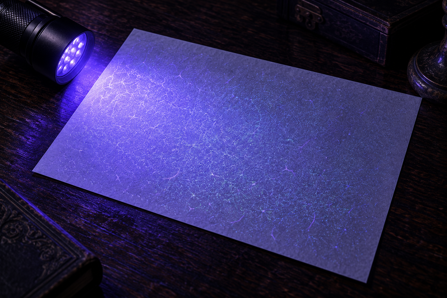 A blank sheet of paper under an ultraviolet lamp shows a hidden speckled grain pattern.