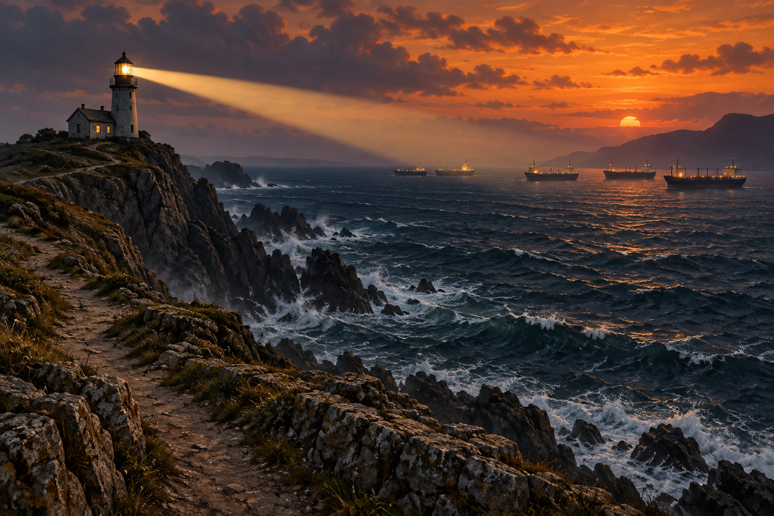 A lighthouse beam sweeps across a dusk sea toward distant anchored ships.