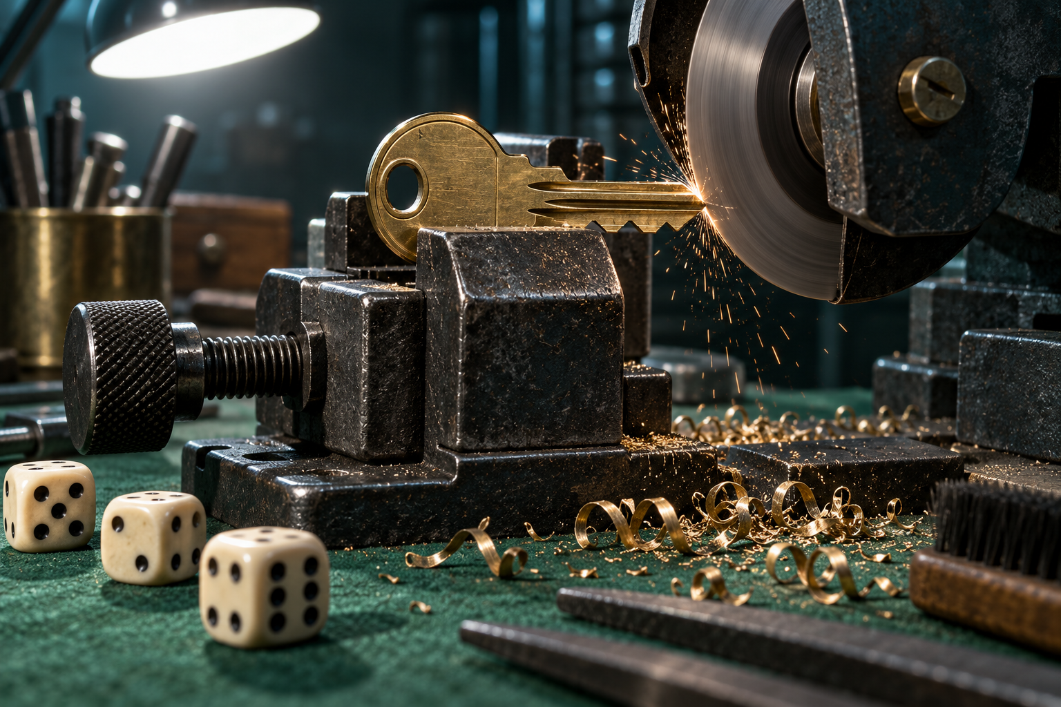 A brass key is cut on a locksmith's grinder beside a scatter of dice on green felt.
