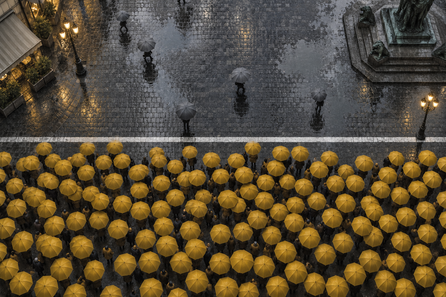 Seen from above, a crowd of yellow umbrellas gathers at a stop line in a rainy square while a few move ahead.