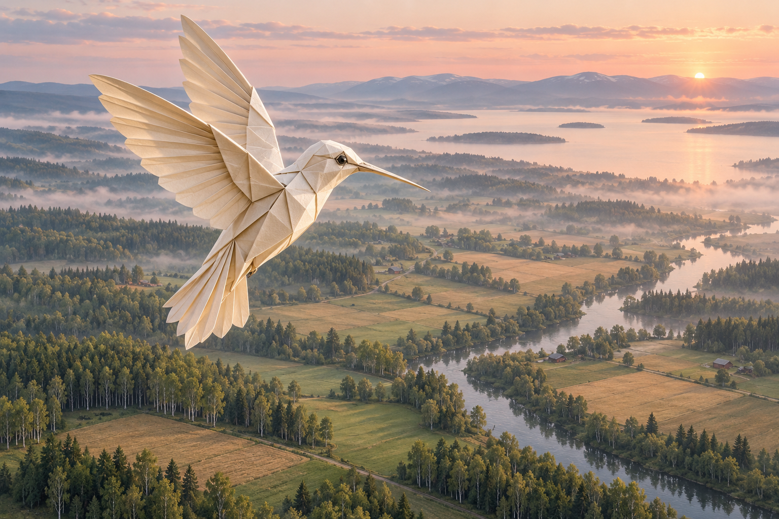 A folded-paper hummingbird hovers over farmland and birch forests at dawn.