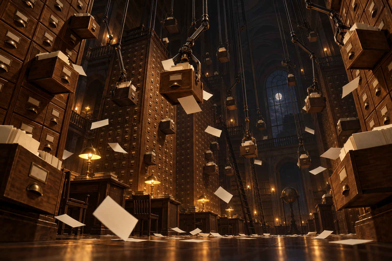 Mechanical arms descend from a dark ceiling and pull open drawers in a library's card catalogue.