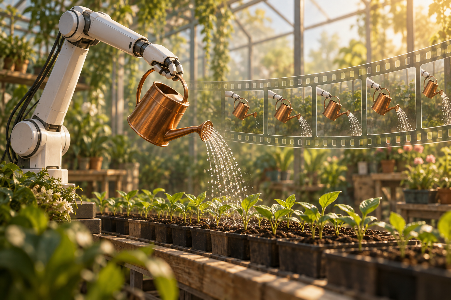 A robotic arm waters seedlings in a greenhouse beside floating film frames of the same motion.