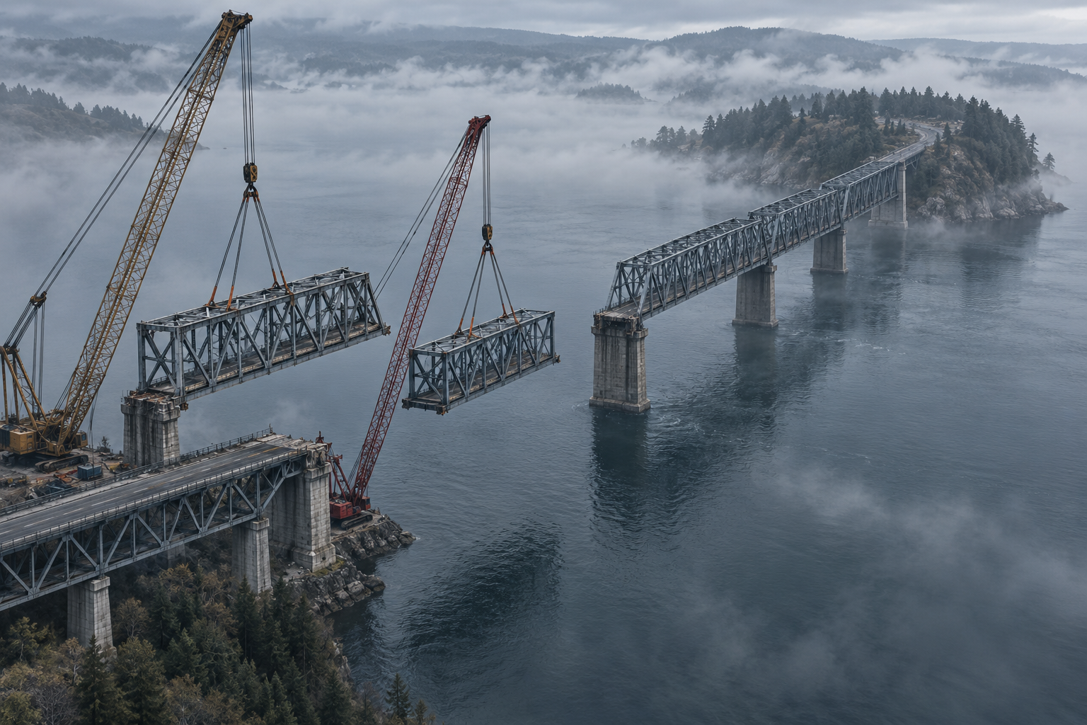 Cranes lift away sections of a steel bridge, opening a gap toward a misty island.